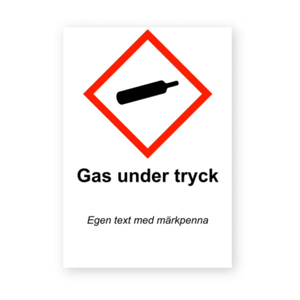 Skylten - Gas under tryck. Gas under tryck anger att gas finns under högt tryck i området och bör hanteras med omsorg. Använd som en självhäftande dekal för enkel och bubbel-fri applicering.