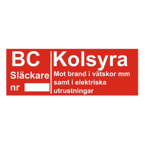 Skylten - Brandsläckare - Kolsyra (BC): Mot brand i vätskor mm samt i elektriska utrustningar. Brandsläckare - Kolsyra (BC): Skylten indikerar en brandsläckare med kolsyra och används mot brand i vätskor och elektriska utrustningar.