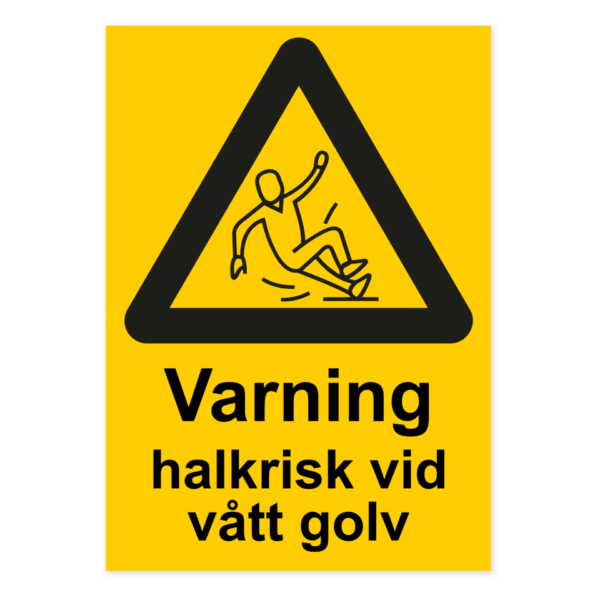 Skylten - Varning för halkrisk vid vått golv. Vår 0,7 mm aluminiumskylt är den perfekta lösningen för att kommunicera din budskap på ett stilfullt och professionellt sätt. Denna skylt är speciellt utformad för montering på jämna ytor och är tillverkad med hög precision och noggrannhet.