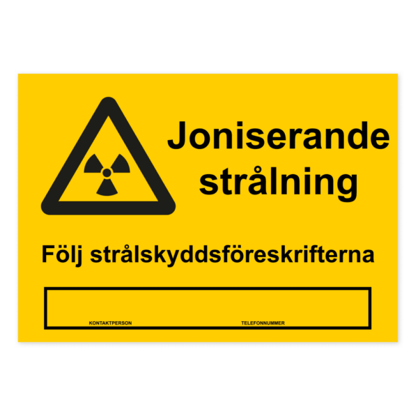Skylten - Varning för joniserande strålning, följ strålskyddsföreskrifterna. Vår 0,7 mm aluminiumskylt är den perfekta lösningen för att kommunicera din budskap på ett stilfullt och professionellt sätt. Denna skylt är speciellt utformad för montering på jämna ytor och är tillverkad med hög precision och noggrannhet.