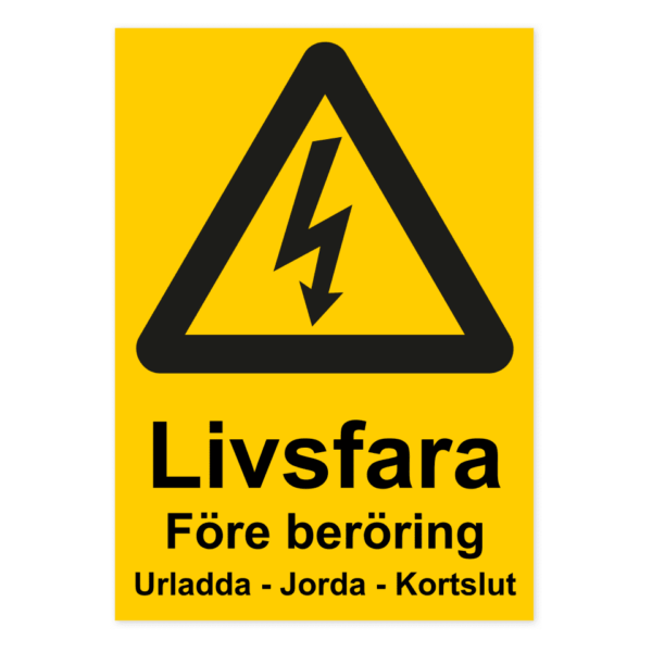 Skylten - Livsfara. Före beröring: Urladda, jorda, kortslut.