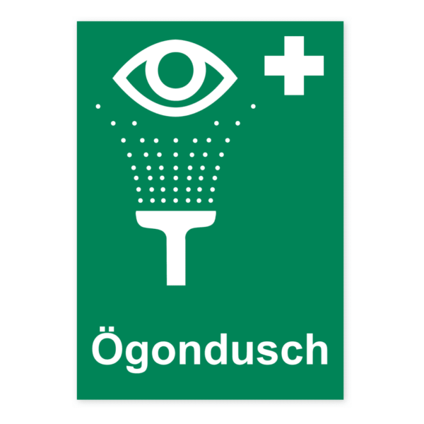 Skylten - Ögondusch. Ögondusch anges med en 148x210 mm självhäftande dekal, perfekt för att snabbt och effektivt dirigerar personal och besökare till ögonduschen.