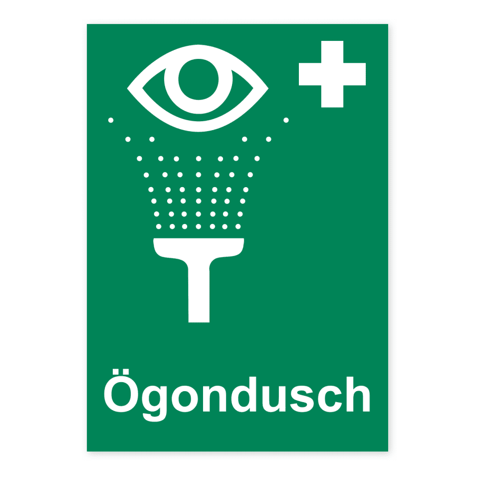 Skylten - Ögondusch. Ögondusch anges med en 148x210 mm självhäftande dekal, perfekt för att snabbt och effektivt dirigerar personal och besökare till ögonduschen.
