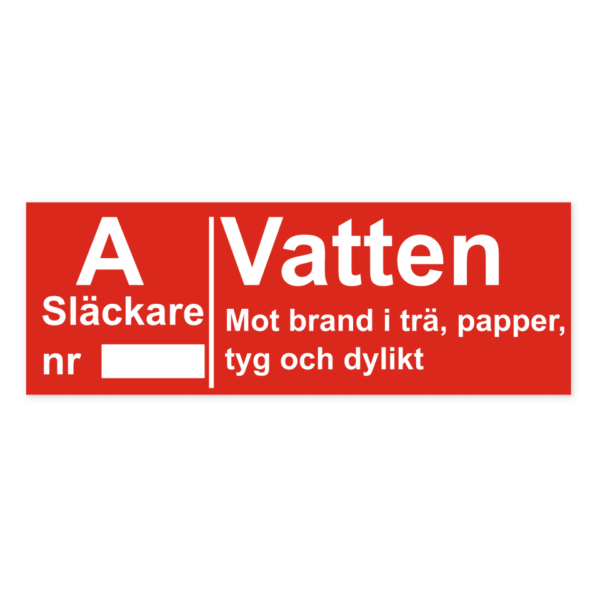 Skylten - Brandsläckare - Vatten (A): Mot brand i trä, papper, tyg och dylikt. Den självhäftande dekalen "Brandsläckare - Vatten (A): Mot brand i trä, papper, tyg och dylikt" är enkel att applicera och har som mål att tydliggöra vilken typ av brandsläckare som används. Med dess 297x105 mm storlek, fångar den snabbt uppmärksamheten.