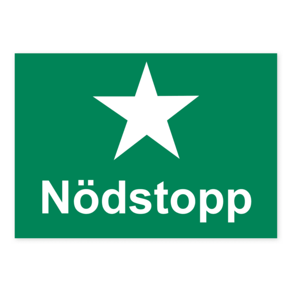 Skylten - Nödstopp. Nödstopp visas med en 210x148 mm självhäftande dekal, som snabbt dirigerar personal och besökare till nödstoppets plats.