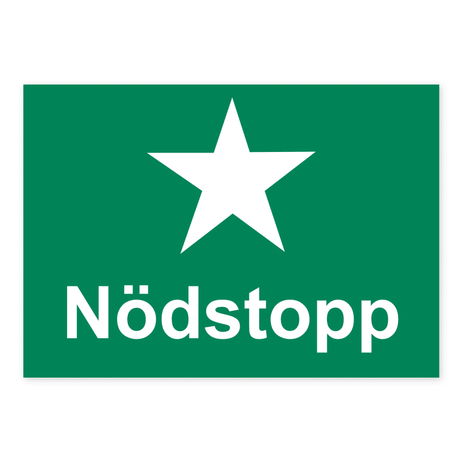 Skylten - Nödstopp. Nödstopp visas med en 210x148 mm självhäftande dekal, som snabbt dirigerar personal och besökare till nödstoppets plats.