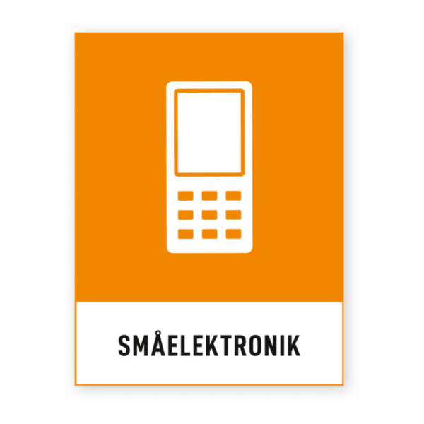 Skylten - Småelektronik. Småelektronik-skylt för källsortering eller återvinning. Ger enkla, tydliga direktiv för ansvarsfull återvinning och som följer svenskstandard.