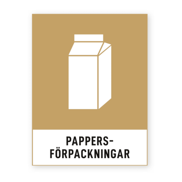 Skylten - Pappersförpackningar. Pappersförpackningar-skylt för källsortering eller återvinning. Främjar en hållbar arbetsmiljö och framtagen enligt svenskstandard. Kan även anpassa material och utseende i skyltstudion.