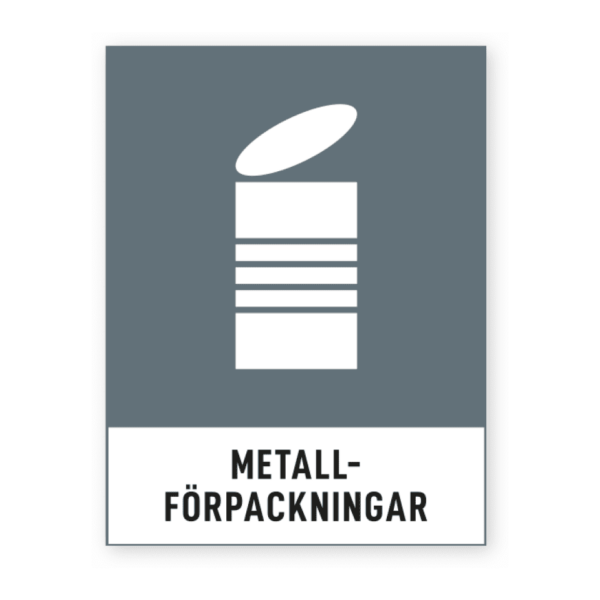 Skylten - Metallförpackningar. Den här dekalen med budskapet 'Metallförpackningar' är speciellt designad för källsortering och återvinning. Självhäftande och anpassningsbar i vårt designverktyg.