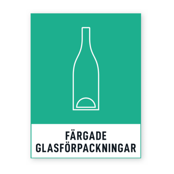 Skylten - Färgade glasförpackningar. Denna 'Färgade glasförpackningar'-dekal för källsortering eller återvinning på bidrar till effektiv sortering. Den självhäftande ytan gör appliceringen enkel. Ändra designen i vårt onlineverktyg.