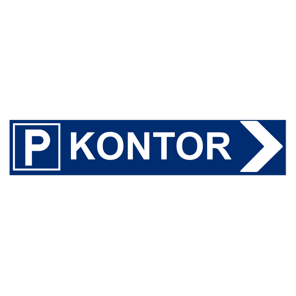 Skylten - Parkering kontor pil höger. Skylt för parkering kontor med högerpil, hjälper besökare och anställda att hitta rätt parkeringsplats för kontoret. Tillgänglig i olika material och storlekar av aluminium för vägg- eller stolpmontage.