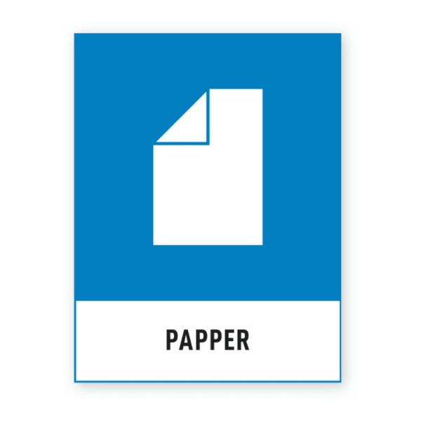 Skylten - Papper. Källsorteringsskylt för papper som följer svenskstandard. Denna självhäftande dekal indikerar var pappersavfall bör samlas.