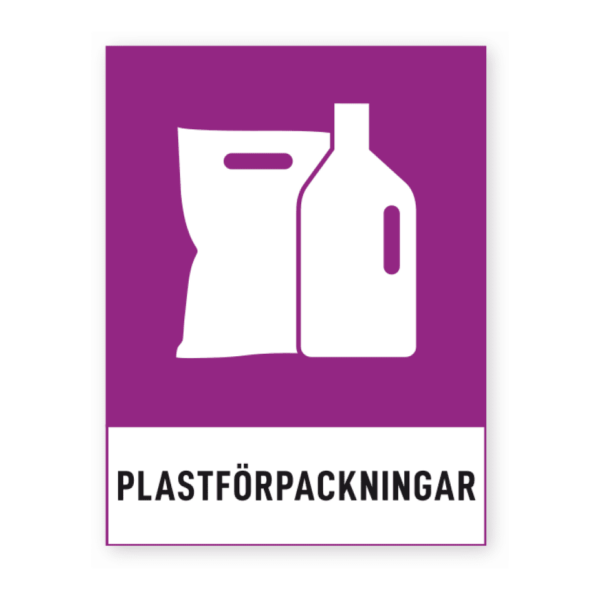 Skylten - Plastförpackningar. En återvinningsskylt för plastförpackningar av alla sorter framtagen i flera olika storlekar. Denna självhäftande dekal är enkel att applicera och kommer med en klar och tydlig grafik. Anpassningsbar i vårt designverktyg.