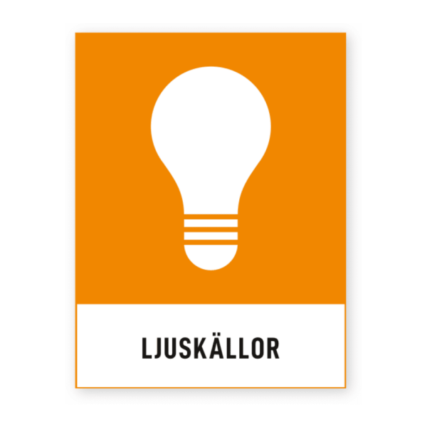 Skylten - Ljuskällor. Småelektronik-skylt för källsortering eller återvinning. Ger enkla, tydliga direktiv för ansvarsfull återvinning och som följer svenskstandard.