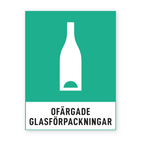 Skylten - Ofärgade glasförpackningar. Denna 'Ofärgade glasförpackningar'-dekal för källsortering eller återvinning på bidrar till effektiv sortering. Den självhäftande ytan gör appliceringen enkel. Ändra designen i vårt onlineverktyg.