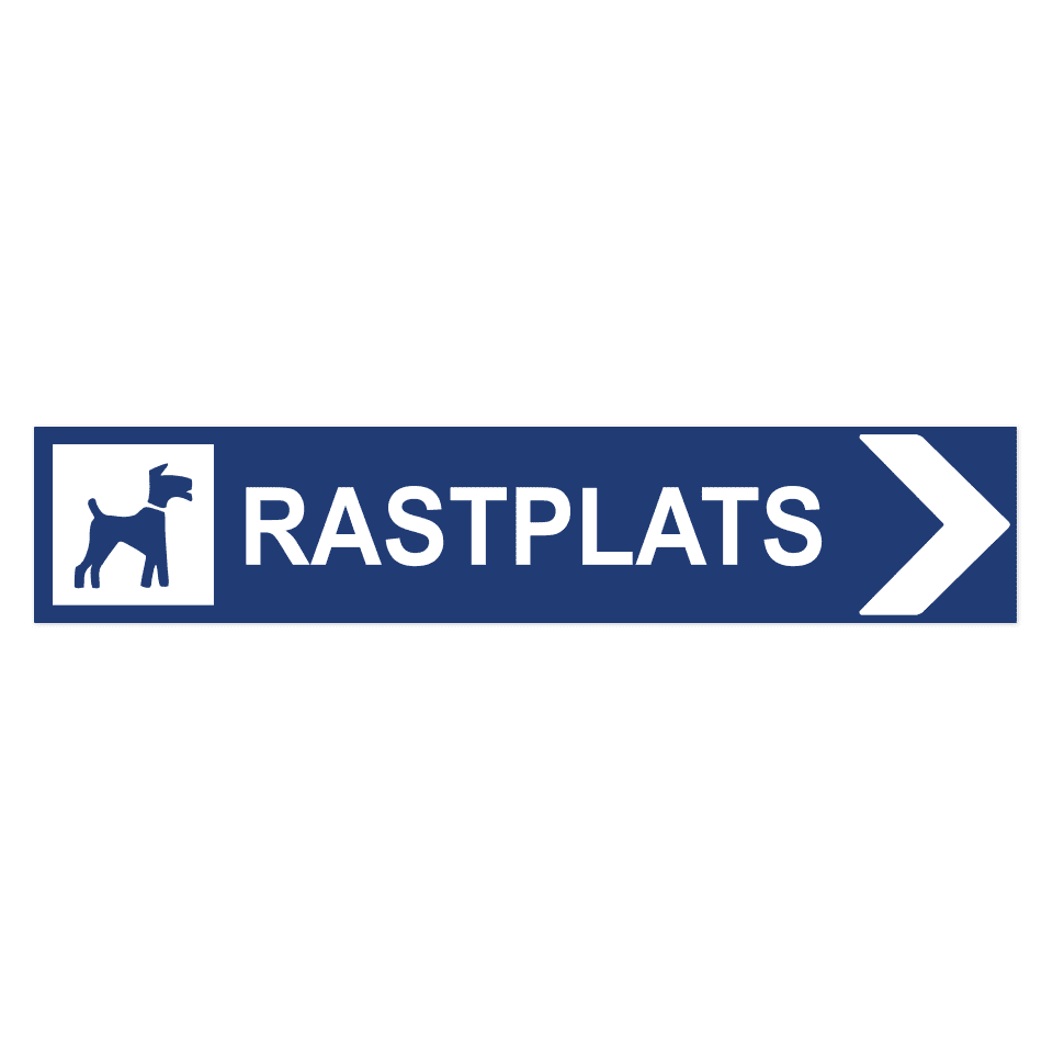 Skylten - Rastplats hundar pil höger. Skylt för rastplats hundar med högerpil, hjälper hundägare att hitta rätt rastplats. Tillgänglig i olika material och storlekar av aluminium för vägg- eller stolpmontage.