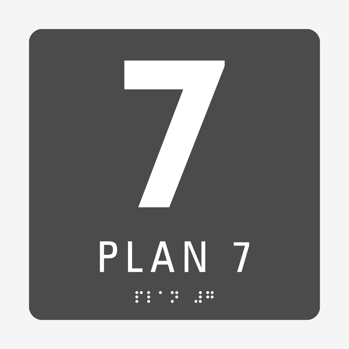 Plan 7, grå med vit text