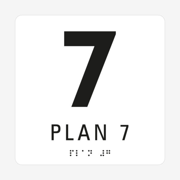 Plan 7, vit med svart text