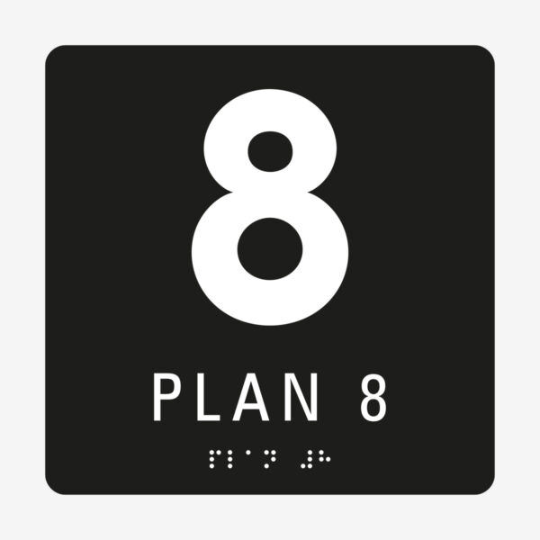 Plan 8, svart med vit text