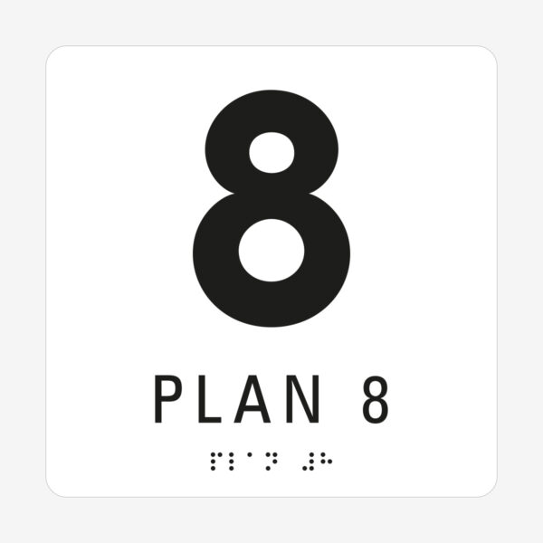 Plan 8, vit med svart text