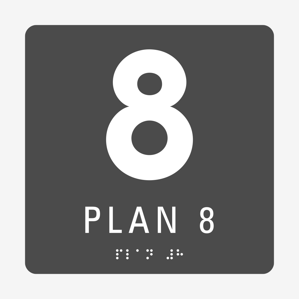 Plan 8, grå med vit text