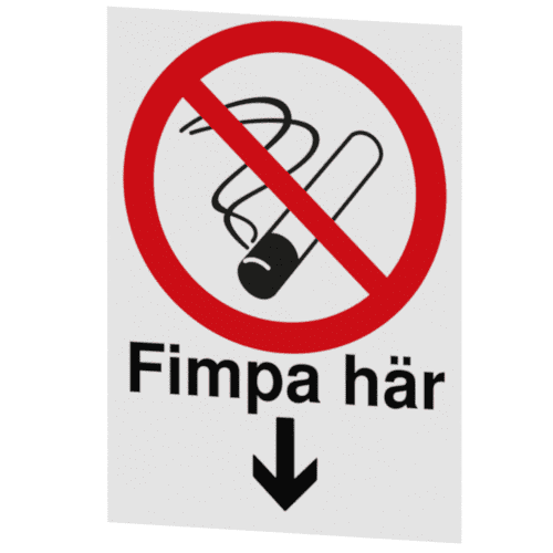 Skylten - Fimpa här. Vår 'Fimpa här' skylten i storlek 148x210 är en effektiv lösning för att hantera rökning på arbetsplatsen.