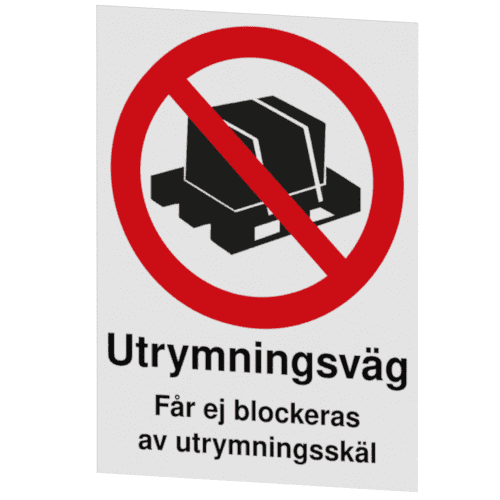 Utrymningsväg får ej blockeras-skylten har storleken 210x297mm och tillverkas i materialet Aluminium 0,7mm. Denna standardskylt kan anpassas så att du kan skapa din egen version av skylten.