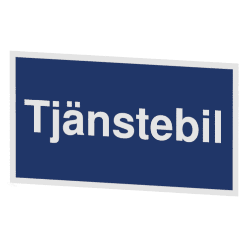 Tjänstebil-skylten har storleken 400x225mm och tillverkas i materialet Aluminium 0,7mm. Denna standardskylt kan anpassas så att du kan skapa din egen version av skylten.