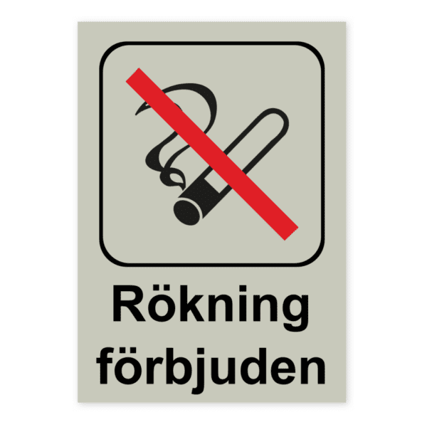 Rökning förbjuden-skylten har storleken 148x210mm och tillverkas i materialet Natureloxerad aluminium 1mm. Denna standardskylt kan anpassas så att du kan skapa din egen version av skylten.