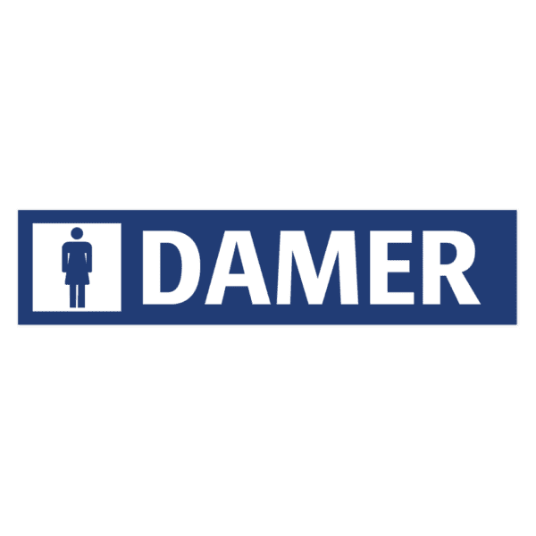 Damer-skylten har storleken 650x150mm och tillverkas i materialet Aluminium 0.7mm. Denna standardskylt kan anpassas så att du kan skapa din egen version av skylten.