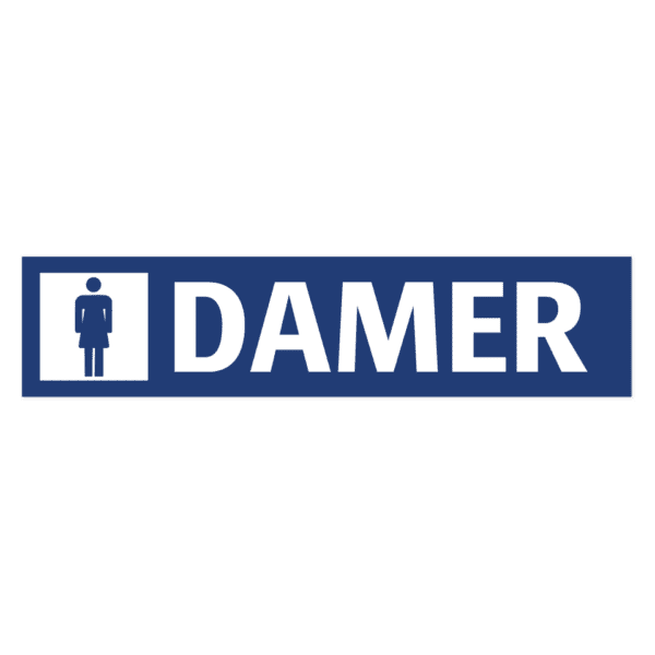 Damer-skylten har storleken 650x150mm och tillverkas i materialet Aluminium 2mm Plan. Denna standardskylt kan anpassas så att du kan skapa din egen version av skylten.