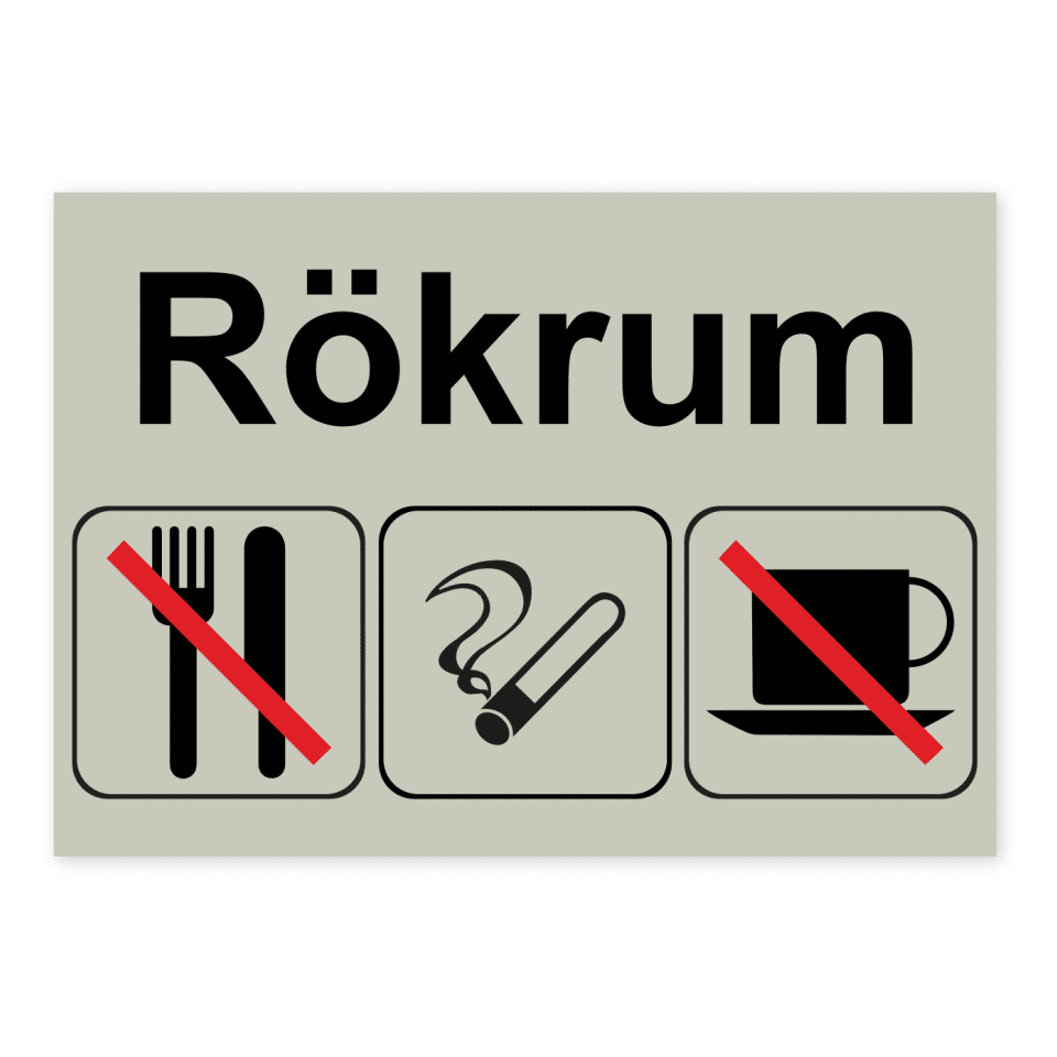 Rökrum, ej tillåtet med mat- och dryck-skylten har storleken 210x148mm och tillverkas i materialet Natureloxerad aluminium 1mm. Denna standardskylt kan anpassas så att du kan skapa din egen version av skylten.