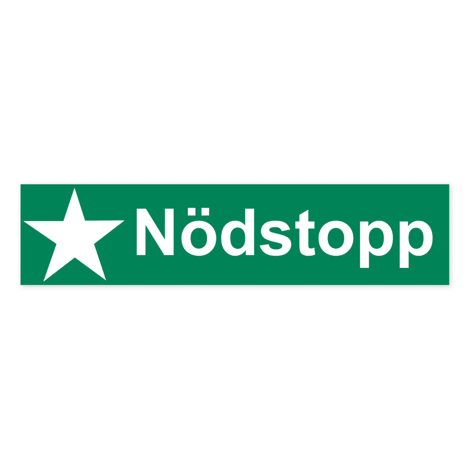 Nödstopp-skylten har storleken 297x70mm och tillverkas i materialet Aluminium 0.7mm. Denna standardskylt kan anpassas så att du kan skapa din egen version av skylten.