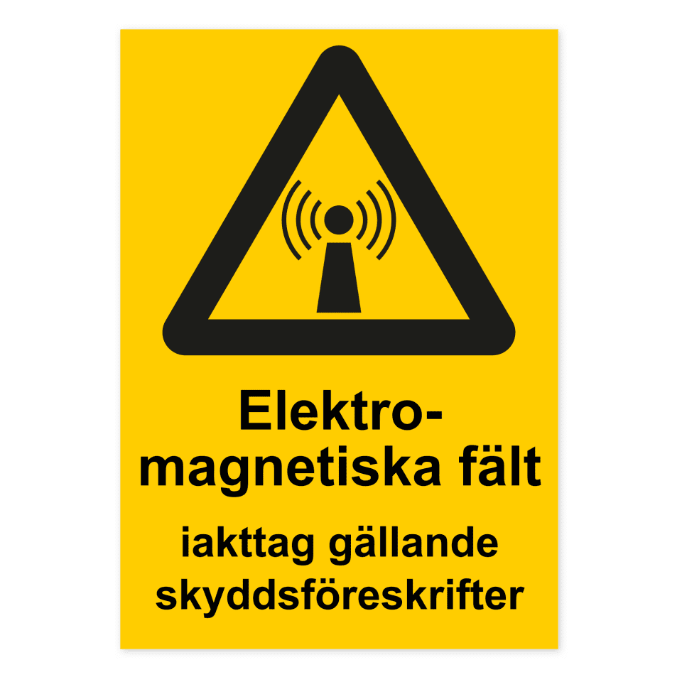 Varning för elektromagnetiska fält, iakttag gällande skyddsföreskrifter-skylten har storleken 210x297mm och tillverkas i materialet Dekal. Denna standardskylt kan anpassas så att du kan skapa din egen version av skylten.