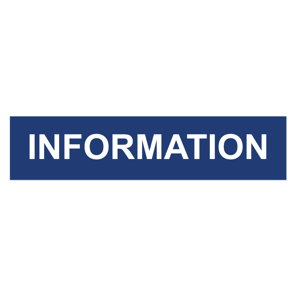 Information-skylten har storleken 650x150mm och tillverkas i materialet Aluminium 0.7mm. Denna standardskylt kan anpassas så att du kan skapa din egen version av skylten.