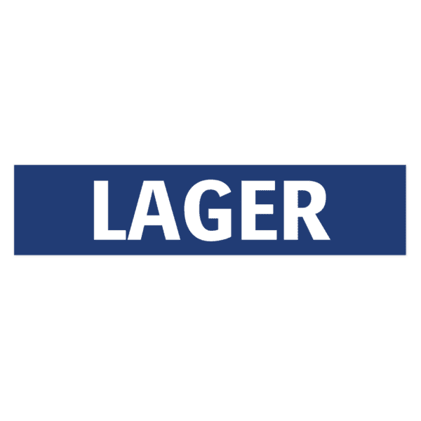 Lager-skylten har storleken 650x150mm och tillverkas i materialet Aluminium 2mm Plan. Denna standardskylt kan anpassas så att du kan skapa din egen version av skylten.