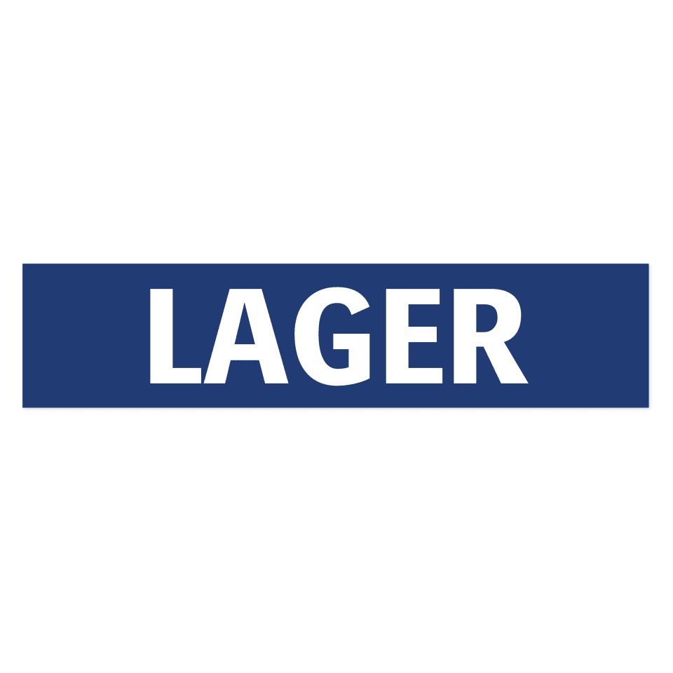 Lager-skylten har storleken 650x150mm och tillverkas i materialet Aluminium 2mm Plan. Denna standardskylt kan anpassas så att du kan skapa din egen version av skylten.