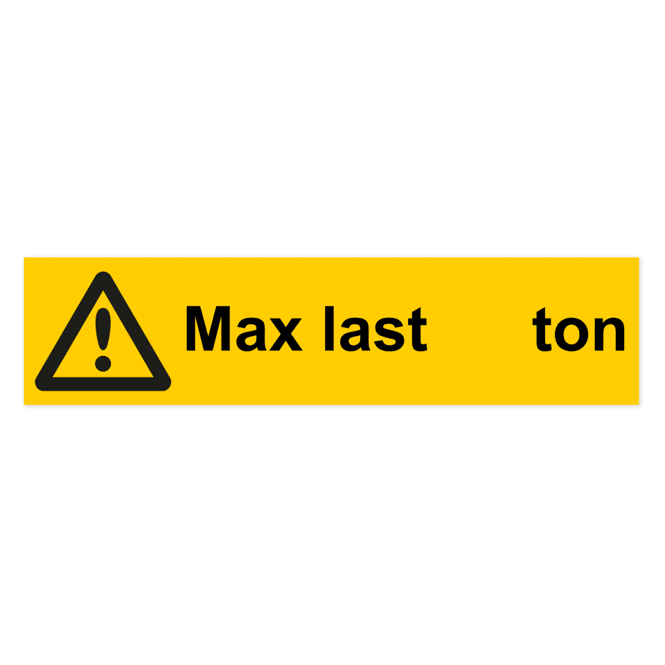 Varning, max last (ton)-skylten har storleken 500x120mm och tillverkas i materialet Aluminium 0.7mm. Denna standardskylt kan anpassas så att du kan skapa din egen version av skylten.