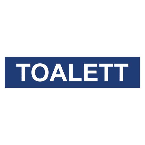 Toalett-skylten har storleken 650x150mm och tillverkas i materialet Aluminium 2mm Plan. Denna standardskylt kan anpassas så att du kan skapa din egen version av skylten.