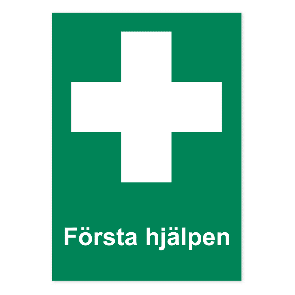 Första hjälpen-skylten har storleken 210x297mm och tillverkas i materialet Dekal. Denna standardskylt kan anpassas så att du kan skapa din egen version av skylten.