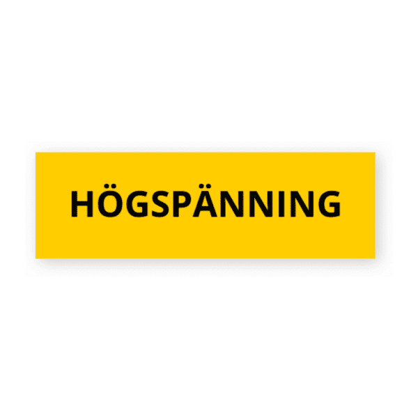 Högspänning graverad skylt-skylten har storleken 80x25mm och tillverkas i materialet Plastskylt med Gravyr. Denna standardskylt kan anpassas så att du kan skapa din egen version av skylten.