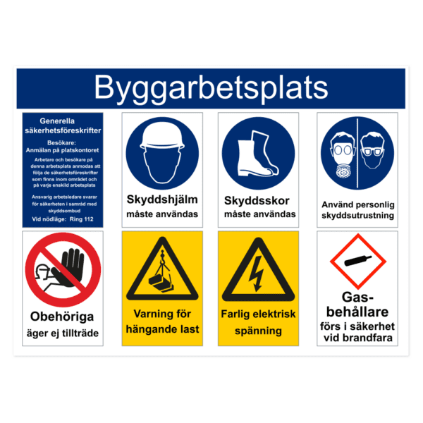 Byggarbetsplats-skylten har storleken 790x580mm och tillverkas i materialet Aluminium 2mm Plan. Denna standardskylt kan anpassas så att du kan skapa din egen version av skylten.
